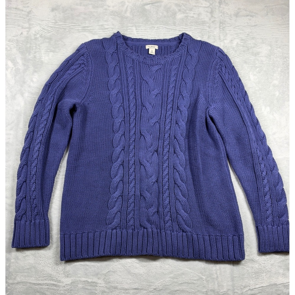 L.L.Bean Women XL Blue Purple Cable Knit Cotton Sweater Fisherman Crewneck